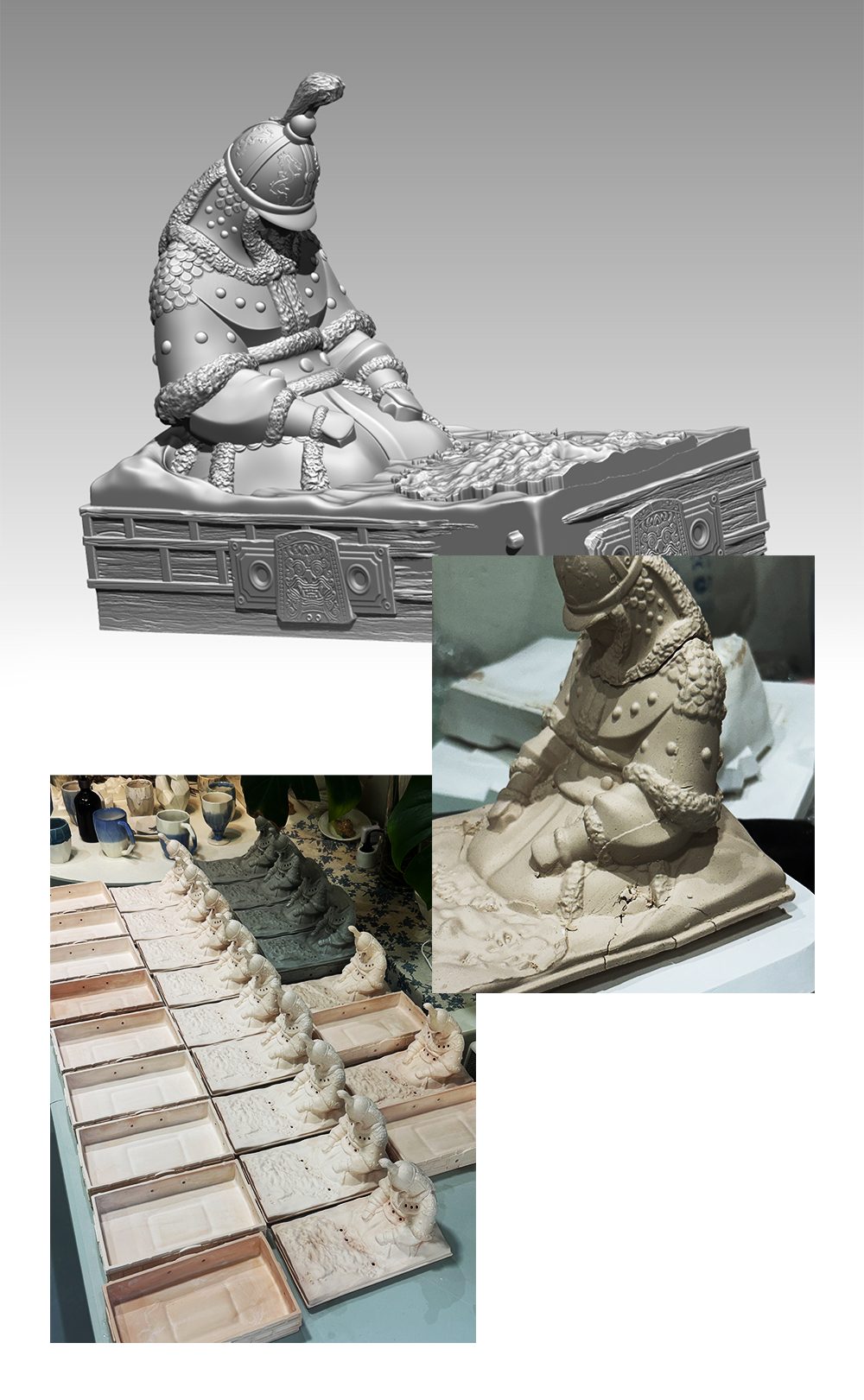 충무공 인센스 챔버 제작 과정 — 석고 몰드와 초벌 작품