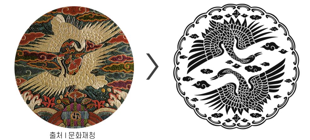 Twin-crane motif from a Joseon rank badge beside the case design